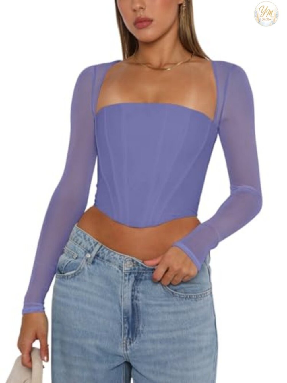 Women's Mesh Long Sleeve Corset Bustier Top Boned Y2K Party Crop
